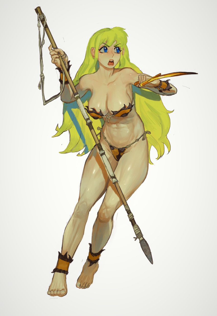 1girls barefoot bikini blonde_hair blue_eyes cavewoman cleavage dagger feet female female_only full_body green_eyes human large_breasts light-skinned_female light_skin long_hair mossa solo solo_female spear standing straight_hair thighs white_background