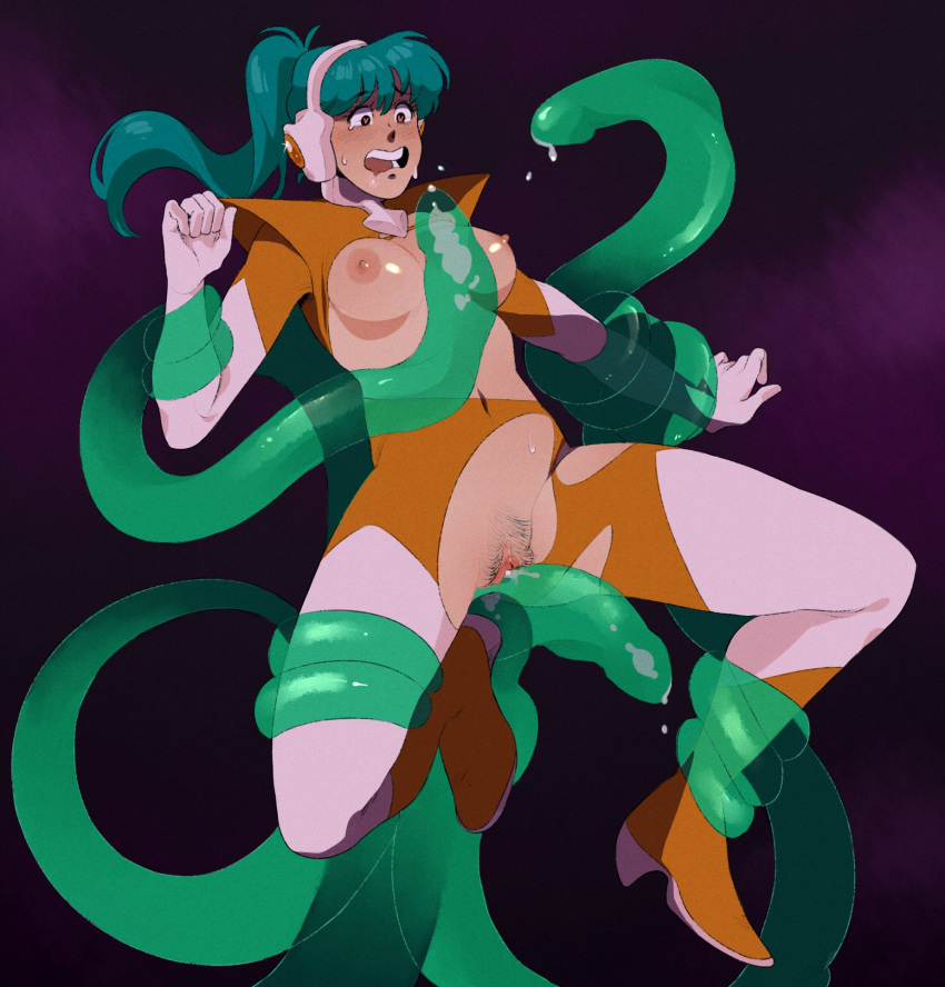 1girls blush bodysuit boots breasts breasts_out clothing cum female gloves green_tentacles grinding headphones imminent_sex long_hair medium_breasts open_mouth polarbiskits pubes pussy restrained sex simple_background spread_legs teal_hair tentacle tentacle_between_breasts tentacle_paizuri tentacle_sex torn_bodysuit torn_clothes translucent_tentacles wet wide_eyed