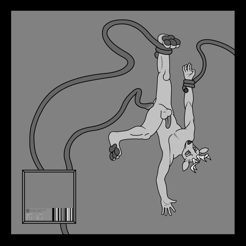 1:1 absurd_res anal anal_sex anthro balls black_border border cervid genitals hanging_by_feet hi_res machine male mammal monochrome penetration penis robot robotic_tentacles solo tentacle vergundy