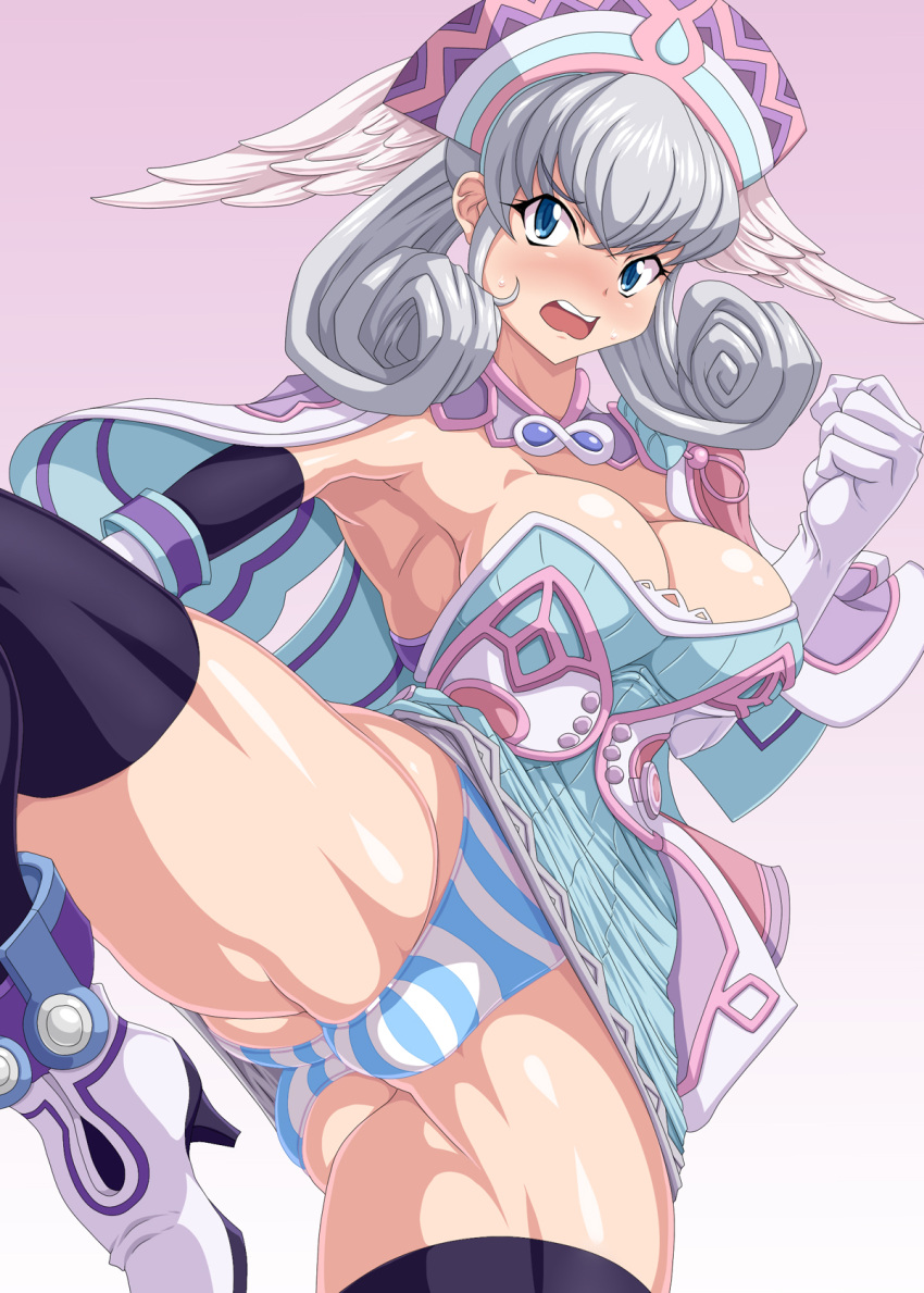 1girls angry armpits blue_striped_panties blush cleavage clenched_hand cougar3 kihaiu leg_lift melia_antiqua muscular_female nintendo panties shimapan solo sweat thighhighs upskirt white_hair xenoblade_(series) xenoblade_chronicles