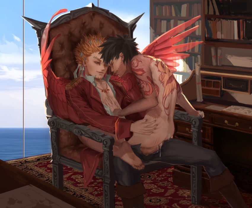 2boys alternate_universe alternative_universe anal anal_sex arm_tattoo artist_request au back_tattoo bare_back bare_shoulders barefoot black_hair blonde_hair bodily_fluids boku_no_hero_academia bookshelf burn_scar chair chair_position chair_sex clothed clothing cum dabi ejaculate ejaculating_cum ejaculation feathered_wings gay gay_sex hawks_(my_hero_academia) keigo_takami male/male male_penetrated male_penetrating multiple_boys multiple_males my_hero_academia nude_male penis penis_in_ass scar scars sex sex_on_armchair source_request takami_keigo tattoo todoroki_touya touya_todoroki wings yaoi