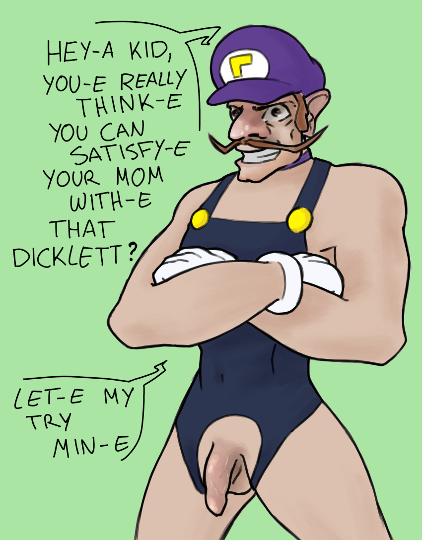 1boy average_sized_penis brown_eyes brown_hair bully crossed_arms cuckold delusion dicklett exposed_penis flaccid_penis gloves humiliation lemmiix male_only mario_(series) mother mustache small_penis small_penis_humiliation uncut veiny_penis waluigi