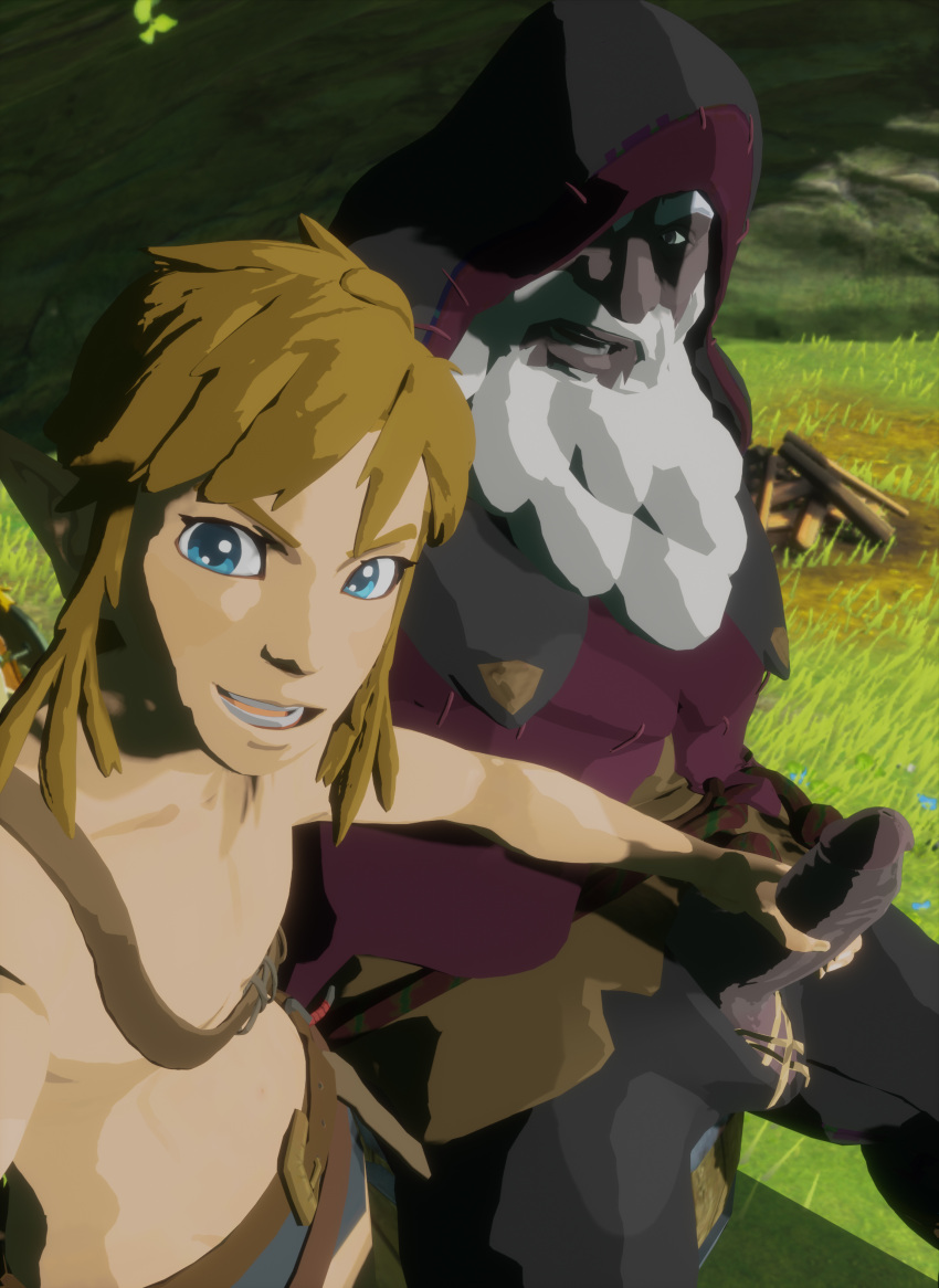 2boys beard blonde_hair blue_eyes breath_of_the_wild dark-skinned_male dark_penis dilf elf erection gay handjob holding_penis hood human hylian interspecies king_rhoam king_rhoam_(zelda) large_penis link looking_at_viewer male male/male male_on_male male_only masturbating_other old_man_(breath_of_the_wild) one_eye_covered penis penis_out rhoam_bosphoramus_hyrule shirtless the_legend_of_zelda topless white_hair wooldnsfw yaoi