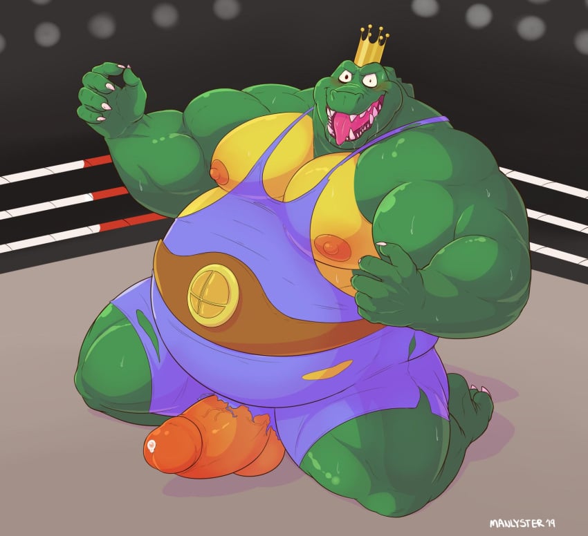 anthro balls belly belt bent_legs big_arms big_belly championship_belt chubby_male claws crocodilian crown donkey_kong_(series) fat fighting_ring genitals green_body hi_res humanoid_genitalia humanoid_hands humanoid_penis k_rool male male_only manlyster moobs nintendo nipples obese obese_male one_piece_suit open_mouth overweight overweight_anthro overweight_male penis reptile scalie solo super_smash_bros. thick_arms thick_thighs tongue tongue_out video_games wrestling_belt wrestling_outfit