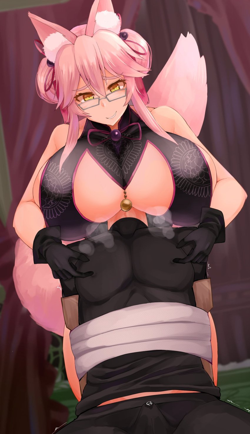 1boy 1girls between_breasts bondage boob_hat breast_smother breasts china_dress cleavage_cutout erect_nipples erection erection_under_clothes facominn fate/grand_order fate_(series) femdom fluffy_tail fox_ears fox_girl fox_tail fujimaru_ritsuka_(male) glasses gloves head_between_breasts heavy_breathing huge_breasts kemonomimi kitsune koyanskaya_(chinese_lostbelt_outfit) koyanskaya_(fate) large_breasts leaking_precum looking_down malesub marshmallow_hell meganekko nipples_visible_through_clothing playing_with_nipple precum precum_through_clothing restrained tagme tied_to_chair tied_up visible_breath