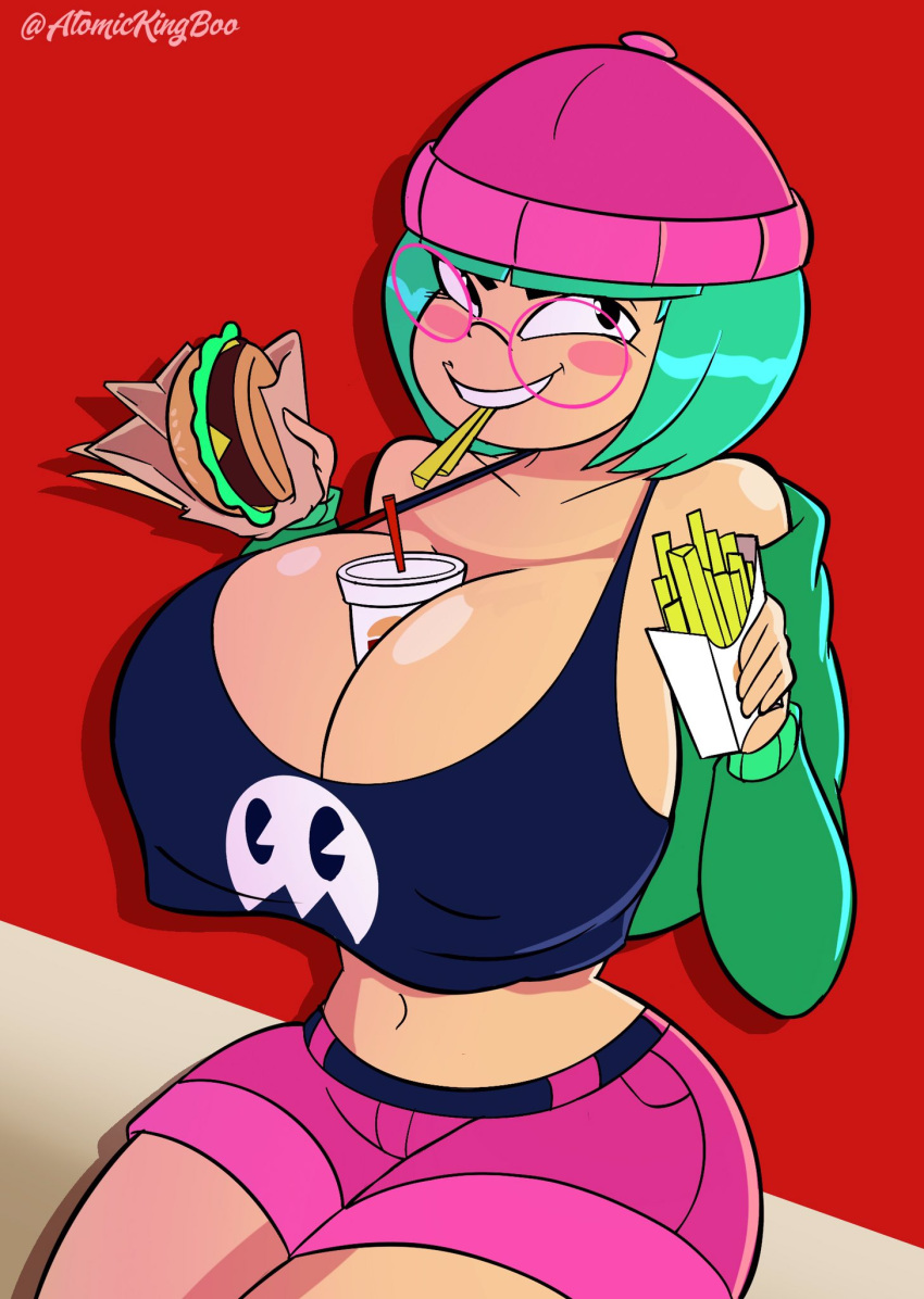 1girls alternate_version_available artist_name atomickingboo background between_breasts big_breasts breasts burger burger_king cleavage cup curvaceous curvy female fries gamer_girl glasses green_hair hourglass_figure legs light-skinned_female light_skin lower_body moni_peiper original original_character punk_girl short_hair simple_background thick thick_legs thick_thighs thighs upper_body voluptuous