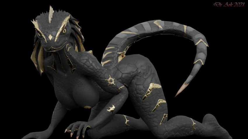 16:9 animal_humanoid anthro black_body breasts doctor_ark everquest everquest_2 fantasy female frilliks humanoid iksar lizard nude reptile reptile_humanoid scalie scalie_humanoid solo video_games widescreen yellow_eyes