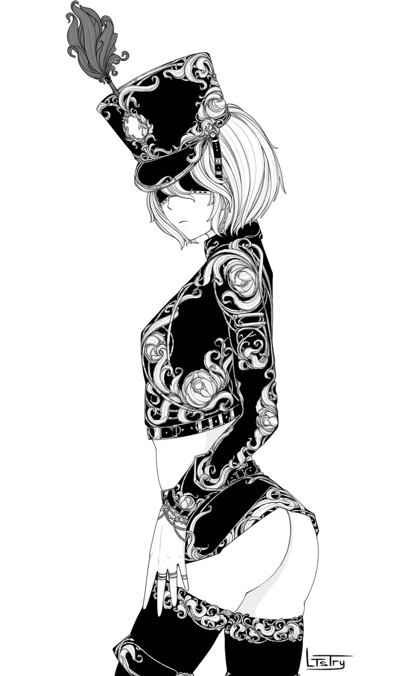 ass bare_ass blindfold from_behind hat line_art ltstry miniskirt monochrome nier:_automata pose short_hair small_breasts standing uniform white_background yorha_2b