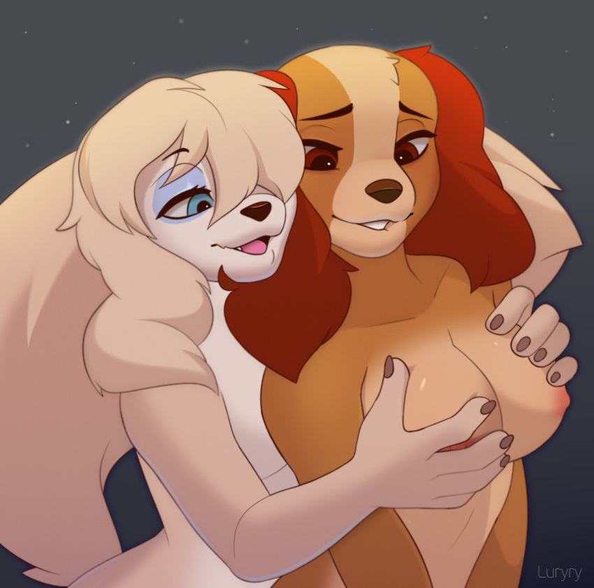 2020 2020s 2girls anthro anthro_on_anthro anthrofied bird_dog bite biting_lip biting_own_lip blue_eyes breast_grab breasts brown_body brown_eyes brown_fur canid canine canis cocker_spaniel digital_drawing_(artwork) digital_media_(artwork) disney domestic_dog duo female female/female fur furry furry_female grabbing_from_behind grey_background hand_on_breast hi_res hunting_dog lady_(lady_and_the_tramp) lady_and_the_tramp luryry mammal multicolored_body multicolored_fur nipples open_mouth peg_(lady_and_the_tramp) self_bite shaded simple_background smile spaniel tail tan_body tan_fur tibetan_spaniel toy_dog two_tone_body two_tone_fur yuri