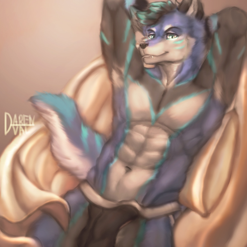 1boy abs absurd_res anthro barely_visible_genitalia bed biceps bulge canid canine canis clothed clothing daren_val erection flirting fur furniture furry genitals grin hi_res jockstrap leaning leaning_back male male_only mammal muscular muscular_anthro muscular_male pecs penis phantom_wuff smile solo solo_focus underwear wolf