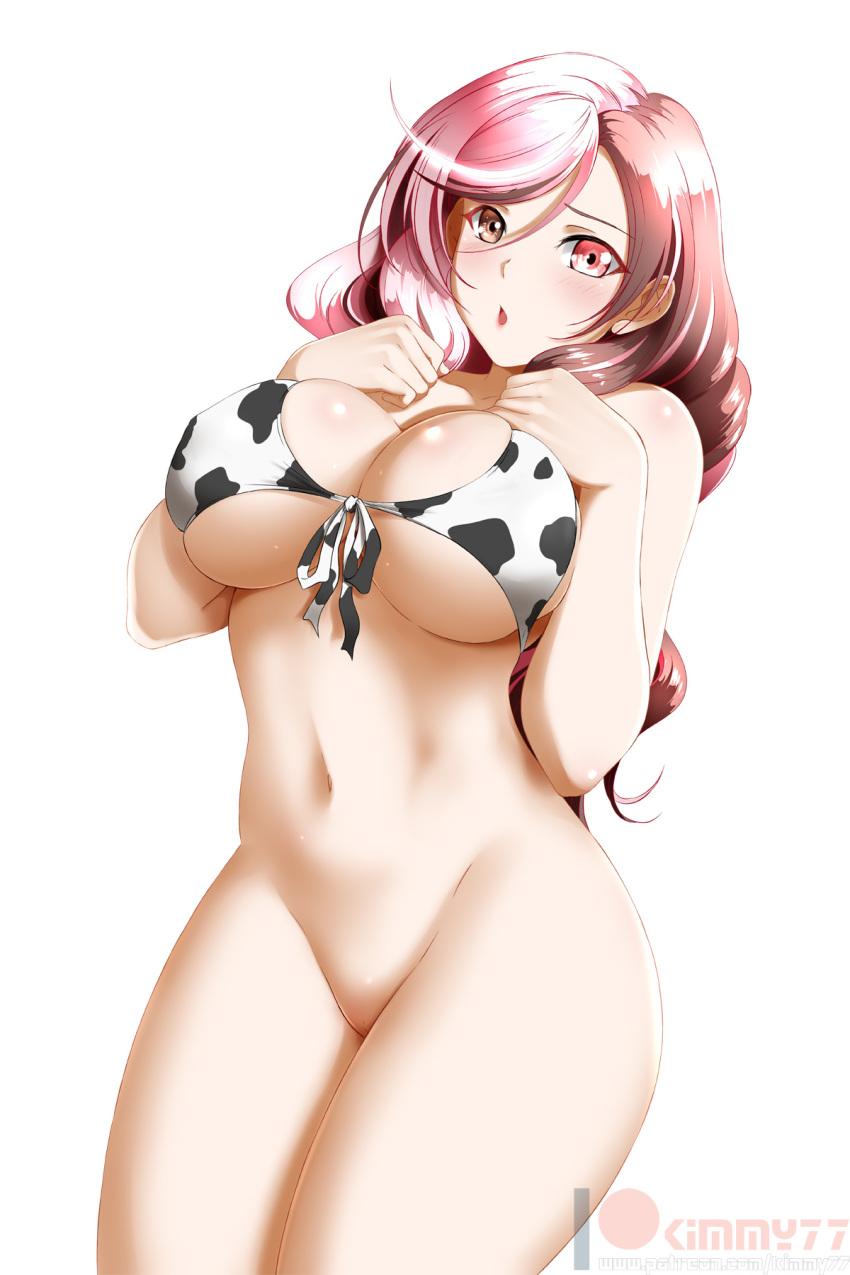 alfred_cullado animal_print animal_tail blush bottomless breasts breasts_out brown_eyes brown_hair chinese_zodiac cleavage cow_girl cow_print female female_focus heterochromia horns huge_breasts long_hair looking_at_viewer multicolored_hair navel neo_(rwby) nude open_mouth pink_eyes pink_hair rwby tail thighs two-tone_hair year_of_the_ox