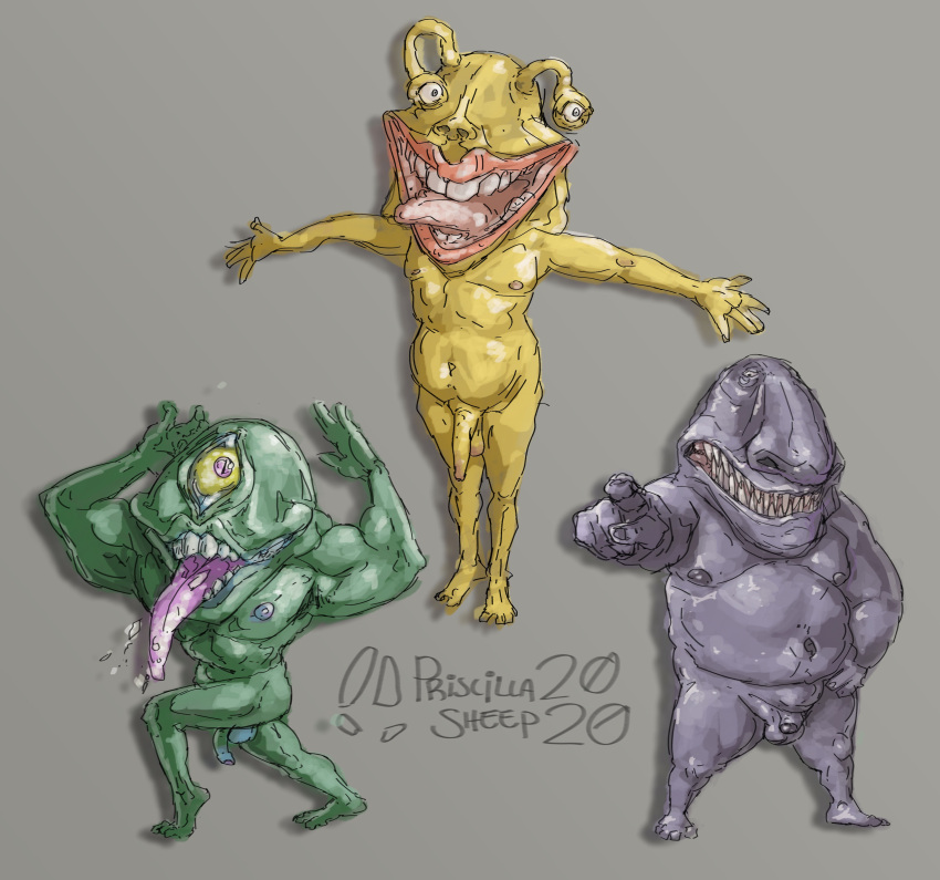 2020 3boys absurd_res anthro balls foreskin genitals grotesque group hairless hi_res humanoid konami male male_only monstrous_humanoid not_furry nude ojama_black ojama_green ojama_trio ojama_yellow penis priscillasheep signature teeth tongue tongue_out yu-gi-oh!