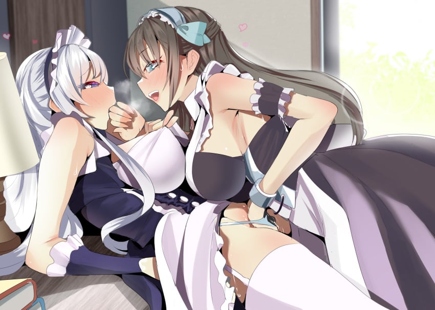 2girls azur_lane belfast_(azur_lane) blue_eyes blush blushing breasts brown_hair fingering fingering_partner hand_in_mouth large_breasts looking_at_partner looking_pleasured maid_uniform monobe monobe_yuri multiple_girls newcastle_(azur_lane) pussy_juice skirt_lift smile sweat vaginal_fingering violet_eyes white_hair yuri