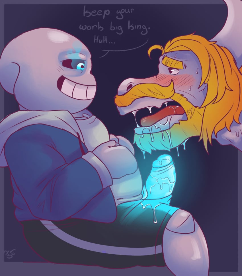 2boys animated_skeleton anterior_nasal_aperture asgore_dreemurr beard black_eyes blonde_beard blonde_hair blue_eyes blue_penis blue_sans_penis blue_sans_tongue blush blushing bodily_fluids bodily_fluids_in_mouth bone bones boss_monster caprine clothing dialogue duo duo_focus embarrassed english_text facial_hair fur furry gay glowing glowing_eyes glowing_genitalia glowing_penis goat hoodie horn lightsaber_dick long_ears looking_at_another looking_at_partner male male_focus male_only mammal meta_request pants pants_open penis sans sans_glowing_eye simple_background skeleton slightly_chubby smile smiling speech_bubble sweat sweatdrop sweatshirt teeth text tongue topwear undead undertale video_game video_games white_fur yaoi