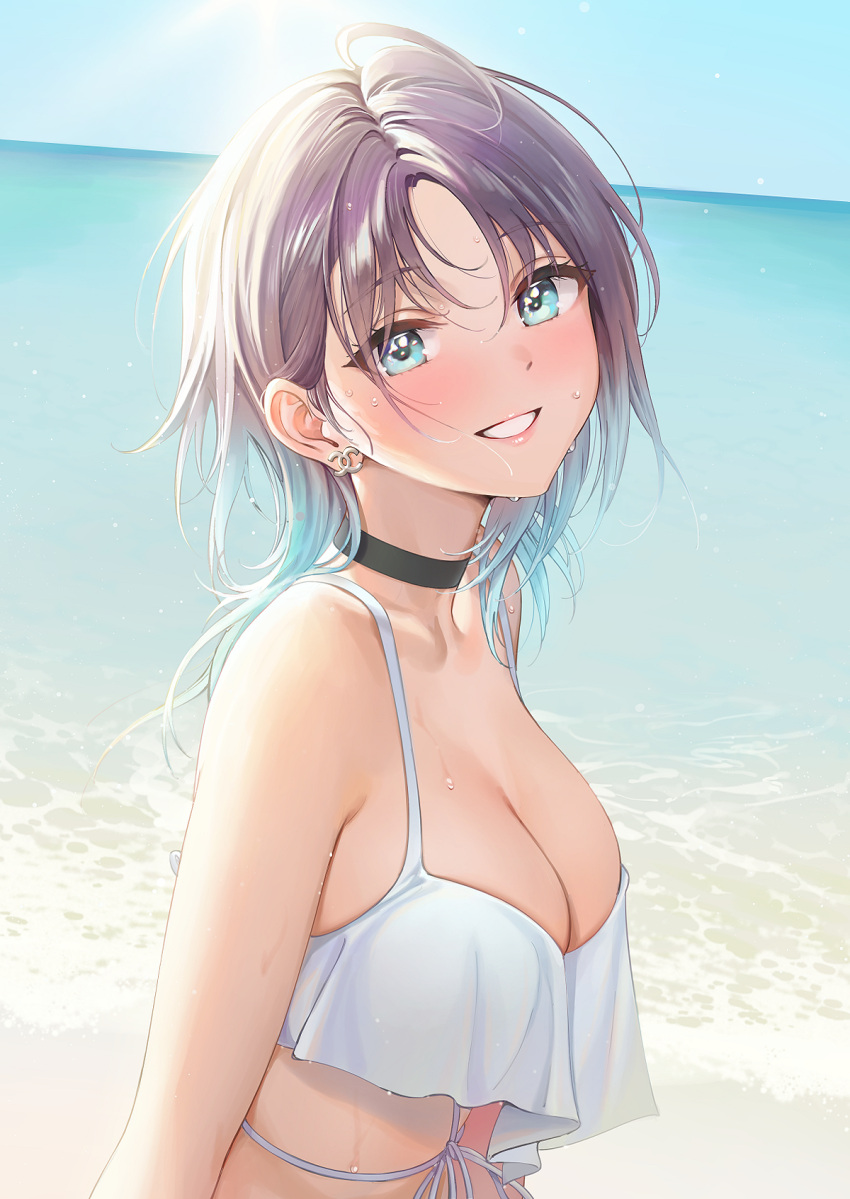 1girls ameyame aqua_eyes asakura_tooru bangs beach bikini black_hair blue_eyes blue_hair blush breasts chanel choker cleavage clothed earrings eyeliner female female_only gradient_hair hair_between_eyes head_tilt highres human idolmaster idolmaster_shiny_colors large_breasts looking_at_viewer ocean outdoors seaside sky smile solo upper_body wet white_bikini