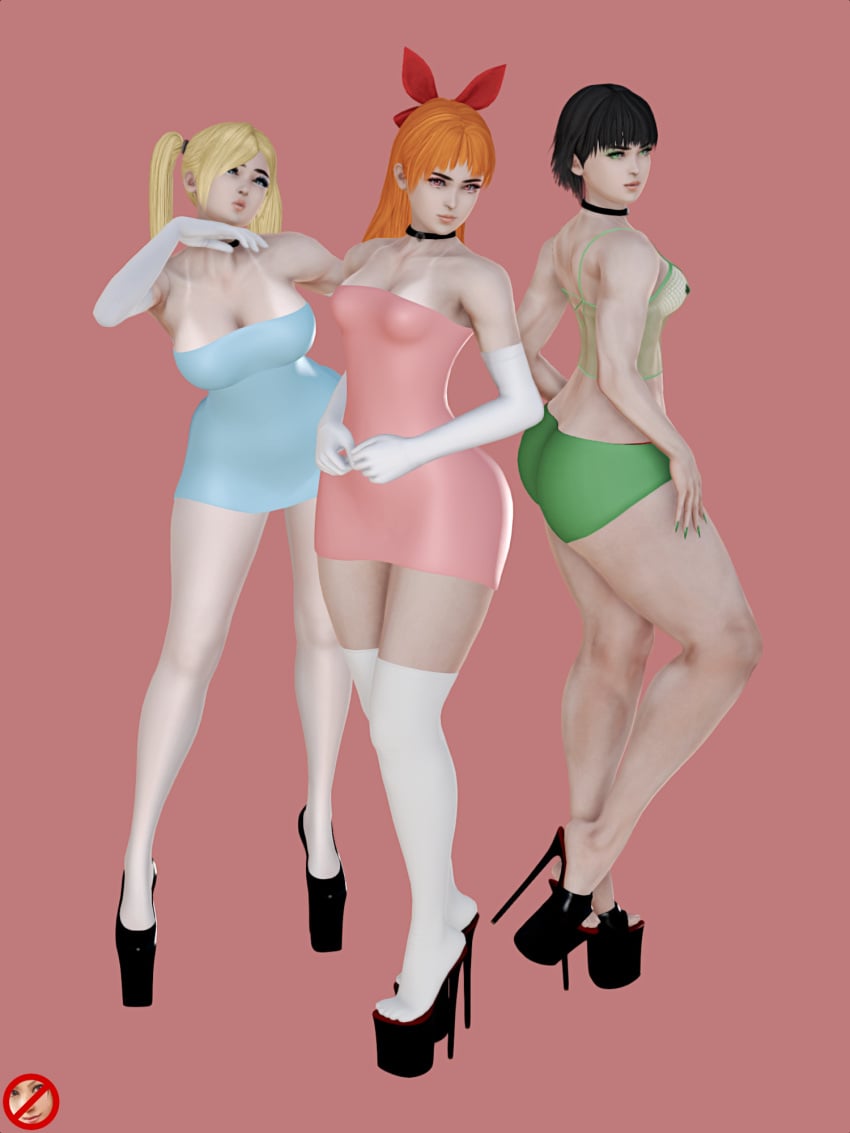 3d 3girls big_ass big_breasts black_hair blonde_hair blossom_(powerpuff_girls) blue_eyes booty_shorts bubbles_(powerpuff_girls) buttercup_(powerpuff_girls) cartoon_network choker dark_hair dress green_eyes high_heels honey_select ihateasuka illusion_soft kneehighs long_gloves long_nails makeup nails pale-skinned_female pale_skin pantyhose pasties platform_footwear platform_heels powerpuff_girls red_eyes red_hair simple_background studio_neo tanline tanlines thick_eyebrows thick_thighs tube_dress