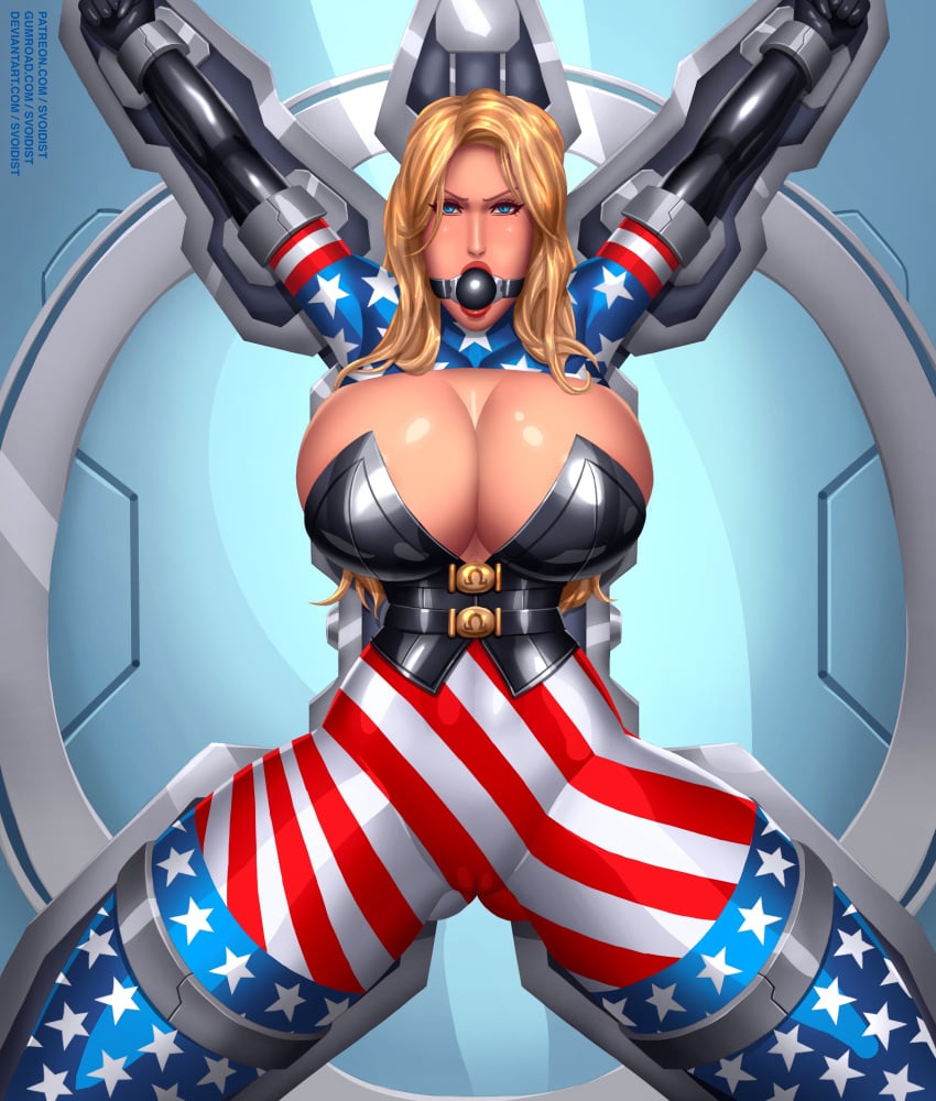 1girls american_flag american_flag_bodysuit american_flag_legwear ball_gag blonde_hair bondage bound bound_ankles bound_wrists breasts cameltoe cleavage clothing corset female hi_res huge_breasts latex long_hair looking_at_viewer patriotika shiny_clothes shiny_skin solo solo_focus spread_arms spread_eagle spread_legs standing svoidist tight_clothing