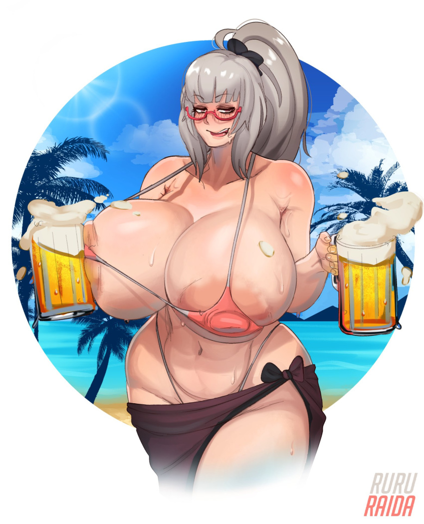 1girls areolae beer breasts busty curvy drunk female female_only glasses huge_breasts mature mature_female milf nipples ruru-raida solo thick_thighs venus_body voluptuous