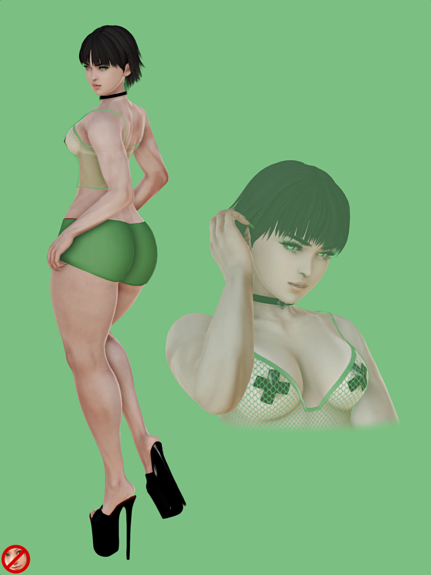 3d aged_up alternate_body_type alternate_breast_size black_hair booty_shorts buttercup_(powerpuff_girls) character_sheet choker dark_hair fishnet fishnets green_eyes high_heels honey_select ihateasuka long_nails makeup muscular muscular_female nails pale-skinned_female pale_skin pasties platform_footwear platform_heels platform_shoes powerpuff_girls simple_background studio_neo thick_eyebrows thick_thighs