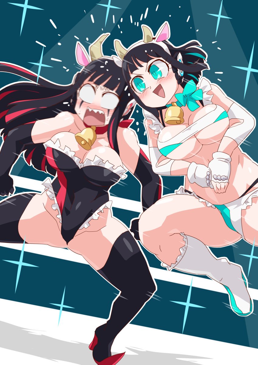 2girls android arm_stockings as_(kamen_rider_zero_one) big_ass big_breasts black_hair black_stockings black_swimsuit black_thigh_highs black_thighhighs blue_background blue_eyes clasped_hands cow_ears cow_horns cow_print female_only frilled_bikini frilled_panties headbutt is_(kamen_rider_zero-one) kamen_rider kamen_rider_zero-one_(series) legs_spread long_hair open_mouth otokam1117 robot_girl robot_humanoid short_hair smile swimsuit thick_thighs thigh_highs thighhighs white_bikini white_boots white_gloves wrestling wrestling_boots wrestling_outfit wrestling_ring