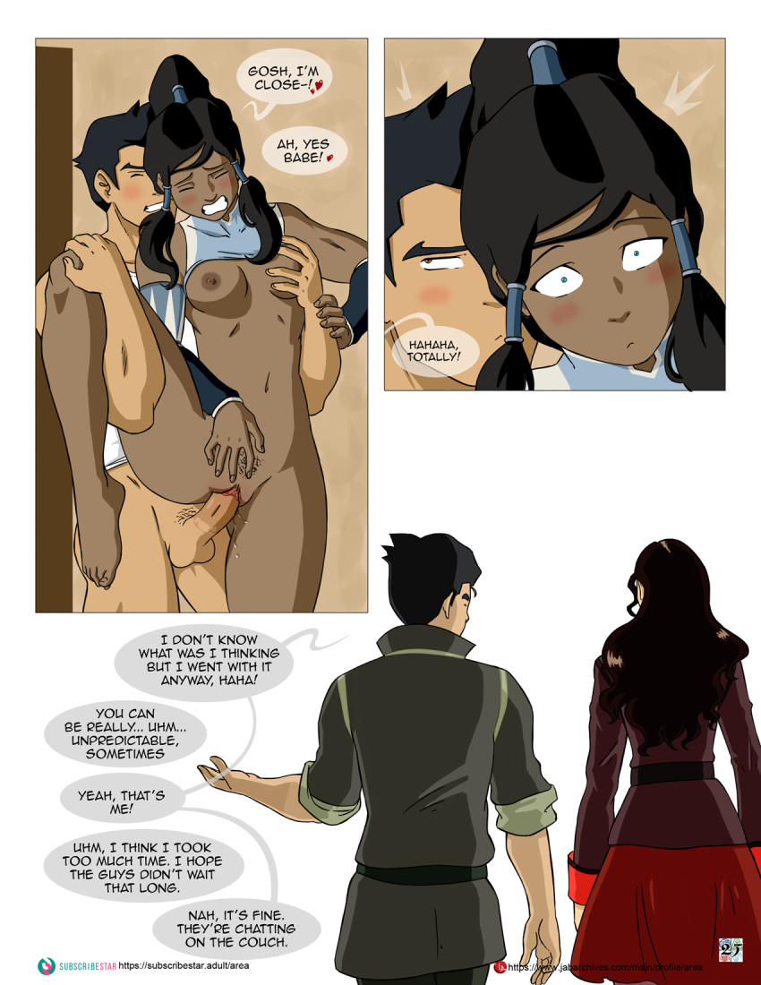 2boys 2girls area_(artist) asami_sato avatar_legends blush bolin breasts clothing comic dark-skinned_female dark_skin dialogue enf english_text female female_pubic_hair hand_on_breast hand_on_knee hetero interracial korra leg_up mako male male/female male_pubic_hair medium_breasts naked nickelodeon nipples nude penis penis_in_pussy pubic_hair sex smooth_skin speech_bubble straight text the_avatar the_legend_of_korra vaginal_penetration water_tribe