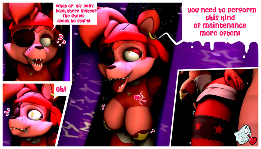 3d 3d_(artwork) absurd_res anthro breasts canid canine clothed clothing costume dialogue duo ecto-luvr english_text eye_patch eyewear fangs female five_nights_at_freddy's fox foxy_(fnaf) from_behind_position garter_belt garter_straps genderswap_(mtf) hanging_breasts hi_res human humanoid looking_pleasured machine male mammal partially_clothed pasties piercing pirate robot rockstar_foxy rule_63 sex speech_bubble straight text video_games