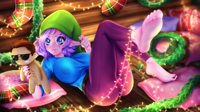 1girls anthro anthro_only barefoot big_breasts black_toenails blue_eyes breasts fap_ceo feet feet_up female female_only festive hi_res high_resolution highres large_breasts leg_up legs_together legs_up legwear lying nutaku open_eyes open_mouth penny_(fap_ceo) pink_body pink_skin purple_hair shirt short_hair smile smiling soles solo solo_female tagme teeth toes uncensored