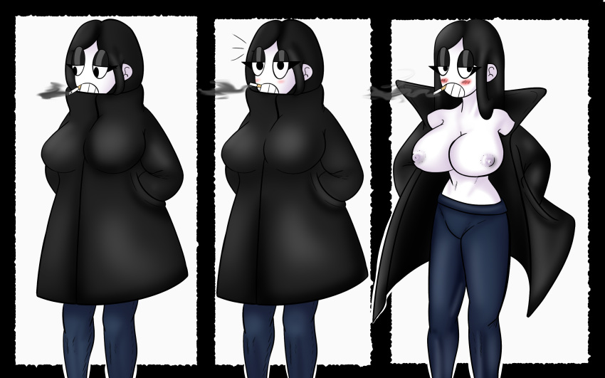 big_breasts black_coat black_hair cigarette comic flashing jeans kosa purple_nipples veronica_(saltynoodles)