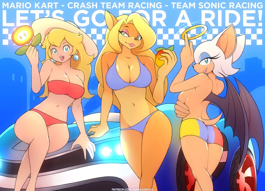 3girls anthro anthro_female artist_name backboob bandicoot bat_girl bat_wings bikini blonde_female blonde_hair blue_eyes breasts car cleavage clothing crash_(series) crash_team_racing crossover earrings english_text female female_only fire_flower furry hat hi_res high_resolution highres huge_breasts human human_female large_breasts long_hair looking_at_viewer looking_back looking_over_shoulder marik_azemus34 marikazemus mario_(series) mario_kart multiple_girls navel nintendo patreon_url patreon_username princess_peach purple_eyes race_queen rouge_the_bat sega short_hair sitting_on_car sonic_(series) sunhat swimsuit tawna_bandicoot team_sonic_racing text thighs topless tubetop wide_hips wings