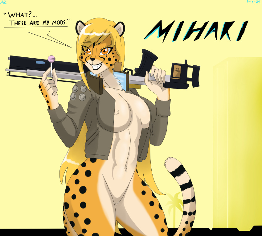 1girls anthro blonde_hair casual cheetah convenient_censoring cyberpunk cyberpunk_2077 exotic_(cyberpunk_2077) eyebrow_raise eyebrows_visible_through_hair female female_focus female_only firearm furry gold_eyes golden_hair gun jacket jacket_only lolipop long_hair looking_at_viewer mihari moaihero mowwitchblade nipple_bulge no_humans no_panties nude original_character outerwear rifle rifle_on_shoulder spots spotted_fur sucker tagme topwear weapon