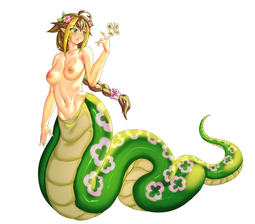 1girls blonde_hair braid brown_hair butterfly flowers_in_hair green_eyes hannah_(violet_scales) lamia large_breasts monster_girl multicolored_hair naga original psychowolffy snake_girl topless