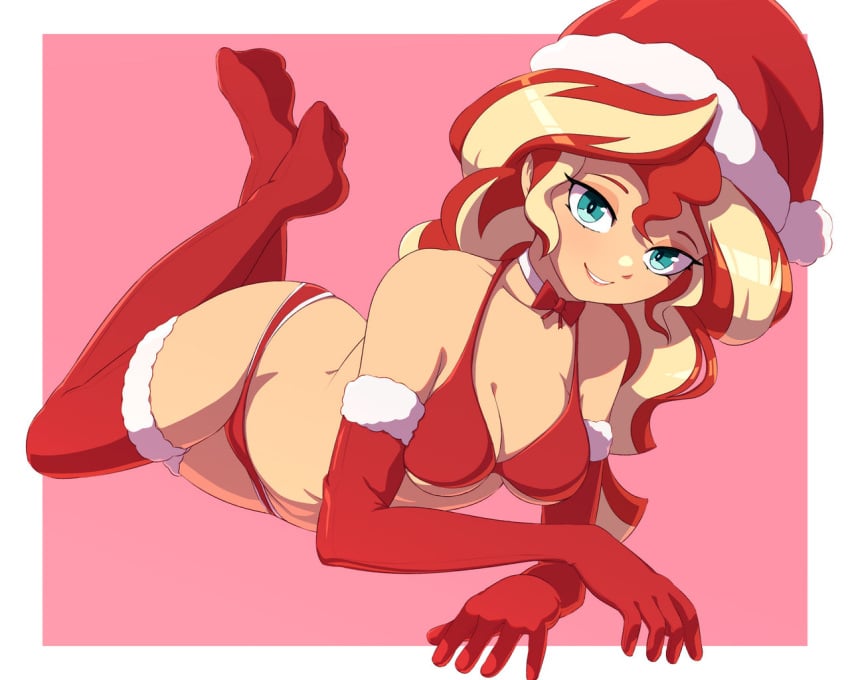 1girls aqua_eyes bikini blonde_hair breasts christmas cleavage equestria_girls friendship_is_magic humanized long_hair multicolored_hair my_little_pony red_hair rockset santa_hat seductive sunset_shimmer voluptuous yellow_skin