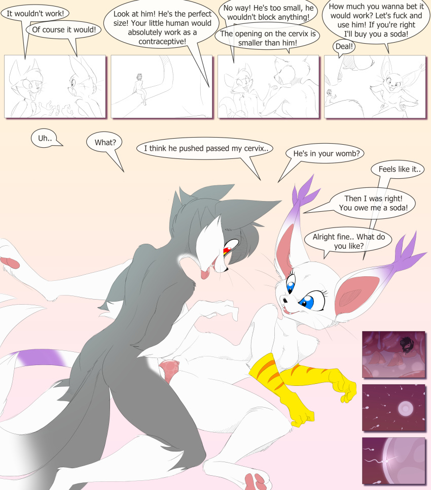 anthro anthro_on_anthro bandai_namco digimon digimon_(species) domestic_cat eyeofcalamity furry gatomon grey_body grey_fur multicolored_body multicolored_fur sex soft_unbirth straight unbirthing vore white_body white_fur