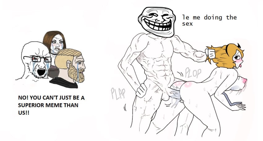 2girls 3boys angry blush carliabot derpina from_behind hair_pull meme mommy_e-thot naked nordic_chad nudity penetration rage_comics sex trollface vaginal_penetration versus wojak wojak_comics