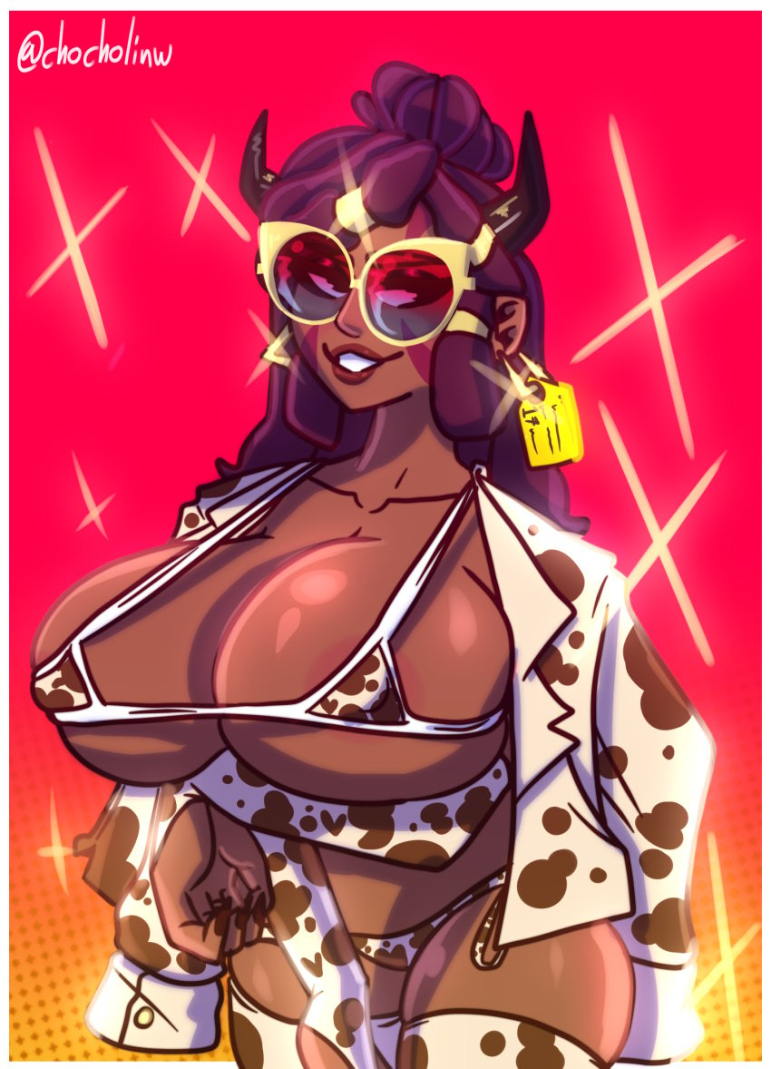 big_ass big_breasts big_butt black_eyes brawlhalla clothed_female cow_girl cow_horns dark_skin female glasses huge_ass huge_breasts jhala_(brawlhalla) only_female solo swimsuit swimwear