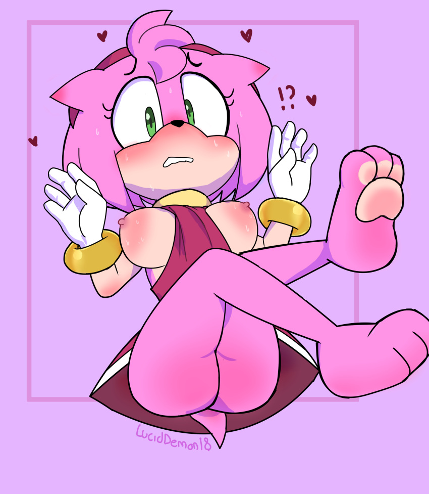 ! 1girls 2018 3_toes 5_fingers ? amy_rose arms_up ass blush breasts dreamatwrite dress exposed_breasts female gloves green_eyes heart legs_up luciddemon nipples no_panties pawpads paws pink_fur sega signature simple_background solo sonic_(series) worried