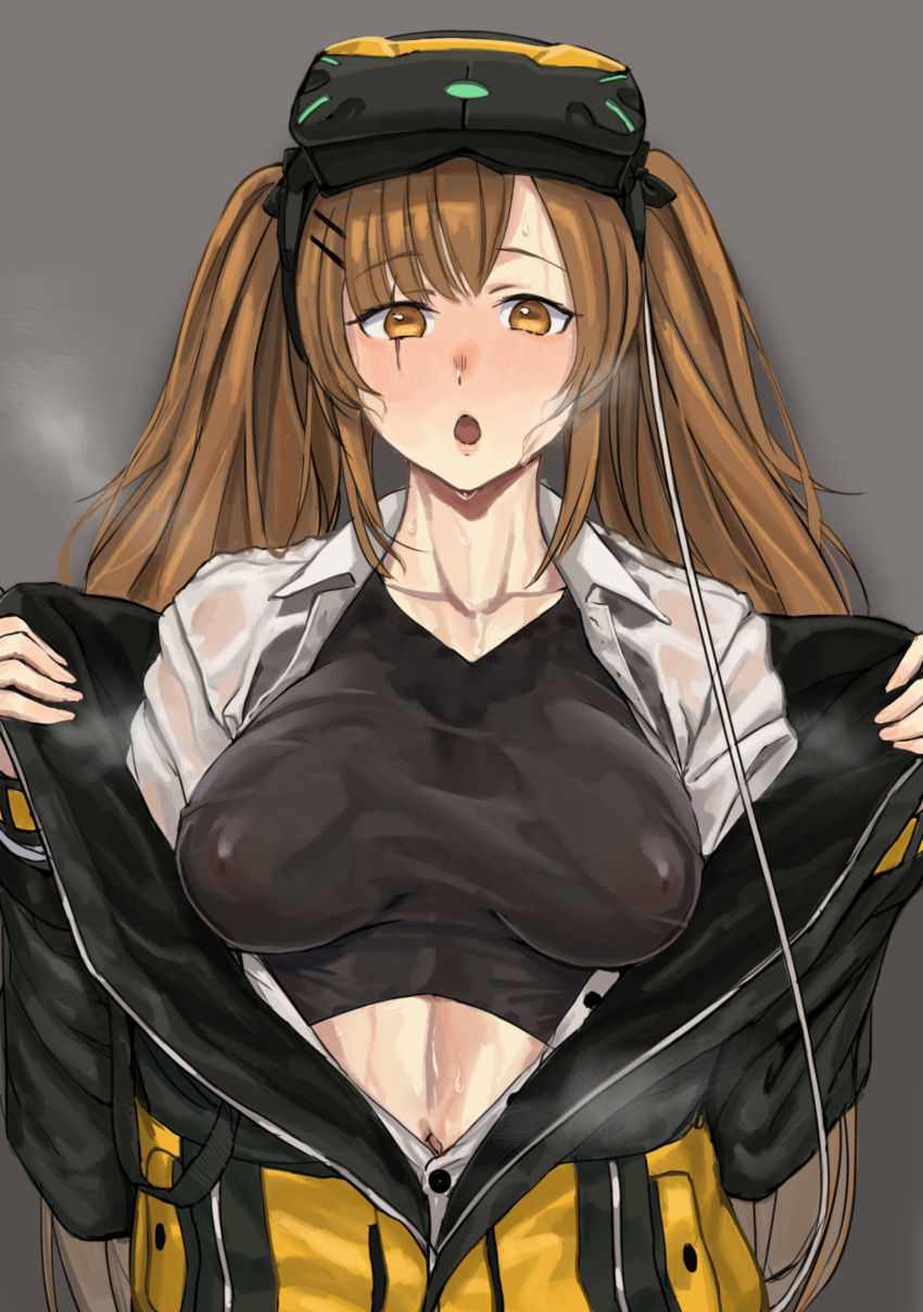 1girls kuro_(zhurunbo1997) large_breasts long_hair no_bra open_clothes see-through_clothing solo sweat twintails vr_headset wet_clothes wet_shirt