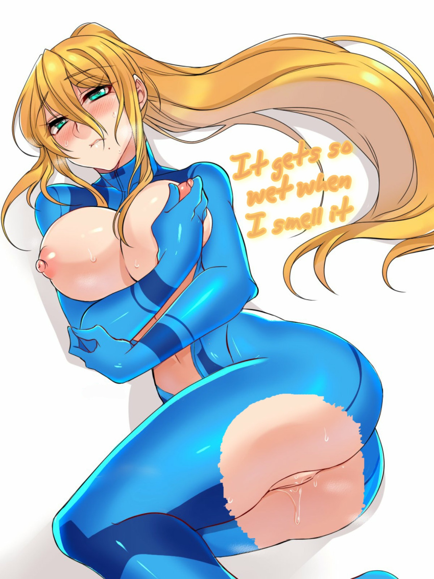 1girls biting_lip blue_eyes blushing blushing_at_viewer breasts dripping dripping_pussy female female_only golden_hair large_breasts leaking metroid mr-poritan nipple_tweak nipples orgasm playing_with_nipple pori_tan_ pussy pussy_drip pussy_juice pussy_juice_drip ripped_clothes samus_aran steam thick thick_ass thick_thighs yellow_hair