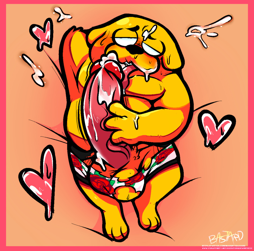 adventure_time anthro autofellatio balls big_balls big_penis blush boner canine cum cum_on_body cum_on_self dakimakura dakimakura_design erection furry gay half-closed_eyes hand_behind_head hand_on_penis heart jake_the_dog looking_at_viewer looking_pleasured lying_down lying_on_back male male_only naughtybassard penis penis_lick solo sweat sweatdrop sweating torn_clothes torn_clothing torquewintress underwear underwear_only vein veins veiny_penis yellow_fur