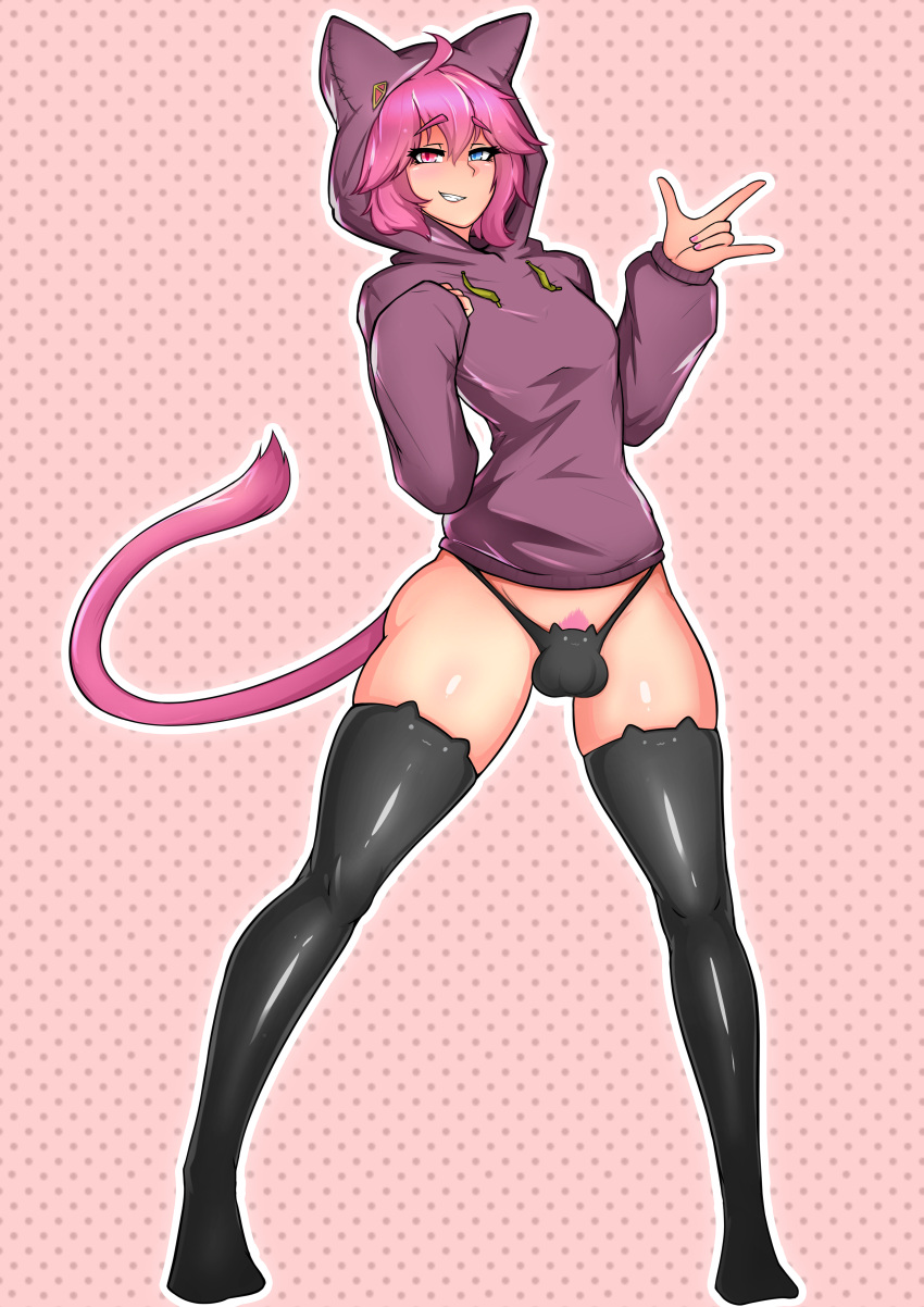 2020 animal_ears animal_tail black_legwear blue_eye bulge cat_band_legwear cat_ears cat_panties fake_animal_ears femboy full_body girly heterochromia hoodie legwear looking_at_viewer original original_character pink_hair pink_nail_polish pink_nails pink_pubic_hair pink_tail pinkdiablo pubic_hair red_eye simple_background solo solo_focus standing teeth teeth_clenched thick_thighs thighhighs thighs trap