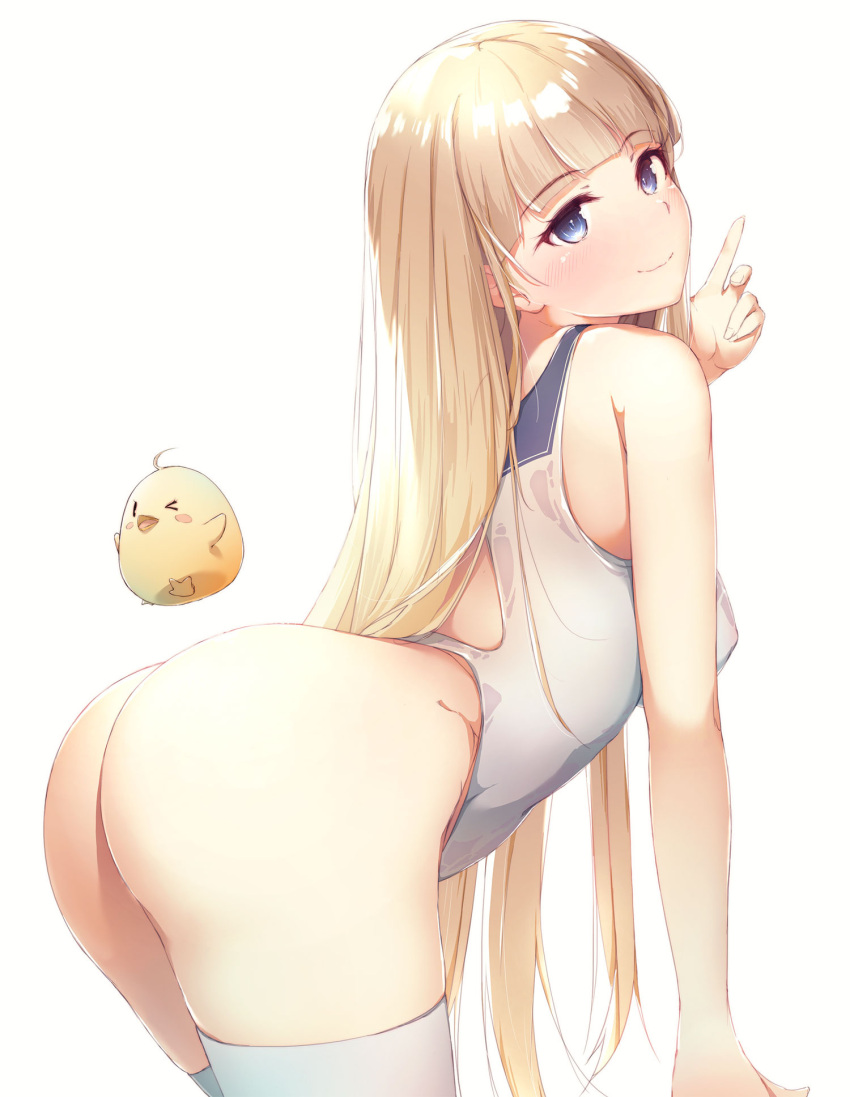 1girls ahoge ass azur_lane bangs bird blonde_hair blue_eyes blush blush_stickers breasts closed_mouth dat_ass dermar erect_nipples eyebrows eyebrows_visible_through_hair female female_focus head_tilt highres icarus_(azur_lane) icarus_(nereid's_discovery)_(azur_lane) large_ass light-skinned_female light_skin long_hair looking_at_viewer manjuu_(azur_lane) one-piece_swimsuit one_eye_closed royal_navy_(azur_lane) simple_background small_breasts smile swimsuit swimwear thighhighs water wet white_background white_legwear white_swimsuit