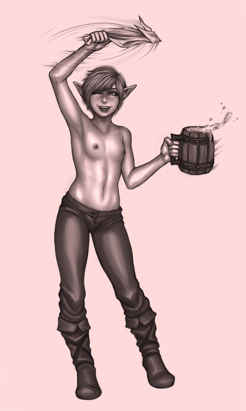 beer blush boots drunk elf female female_only flat_chest happy monochrome nipples pants pointy_ears small_breasts solo suumunster topless visy_(denesta)