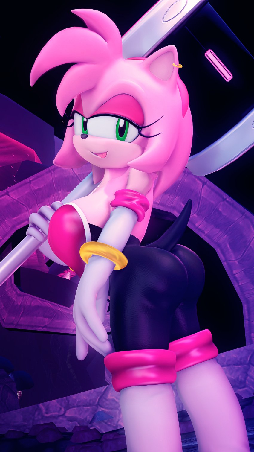 1girls 3d 3d_(artwork) alternate_costume amy_rose amy_the_bat anthro ass bodysuit breasts club_hen cosplay diagonal_angle ear_piercing ear_ring female female_only furry green_eyes hammer hentype hi_res large_ass large_breasts looking_at_viewer pink_hair png rouge_the_bat_(cosplay) sideboob skin_tight solo solo_focus sonic_(series) source_filmmaker tongue tongue_out