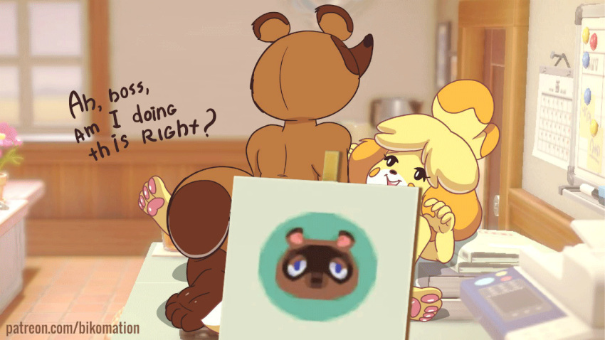 16:9 2d 2d_animation advertisement animal_crossing animated anthro barefoot bikomation black_eyes black_nose blonde_hair blush blush_stickers boss brown_body brown_fur canid canine canis conditional_dnp convenient_censorship domestic_dog duo easel female female_penetrated frame_by_frame fur furniture hair isabelle_(animal_crossing) legs_up lying male male_penetrating male_penetrating_female mammal missionary_position nintendo office office_lady on_back open_mouth pawpads paws penetration photo pink_pawpads procyonid raccoon raccoon_dog raised_finger raised_hand raised_paw sex short_playtime smile speech_bubble straight tanuki tom_nook video_games widescreen window yellow_body yellow_fur