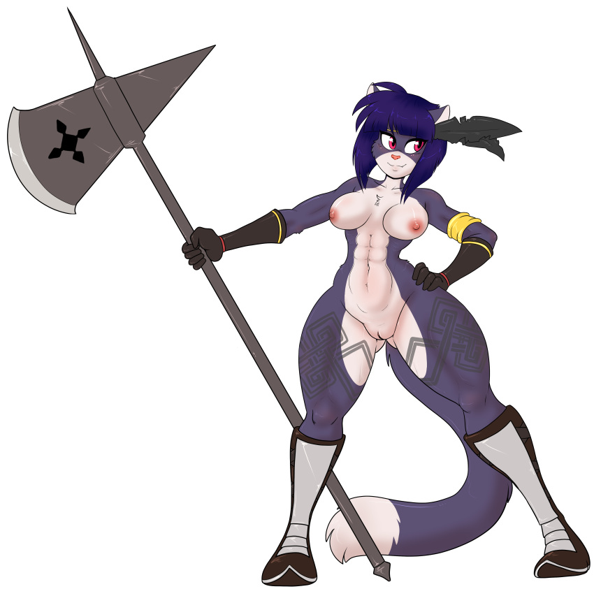 abs anthro black_background blue_body blue_fur blue_hair breasts domestic_cat edit felid feline felis female fur genitals gloves hair handwear hi_res large_breasts mammal melee_weapon nipples polearm poleaxe pussy sesame_akane simple_background skidd solo thick_thighs uberquest weapon webcomic