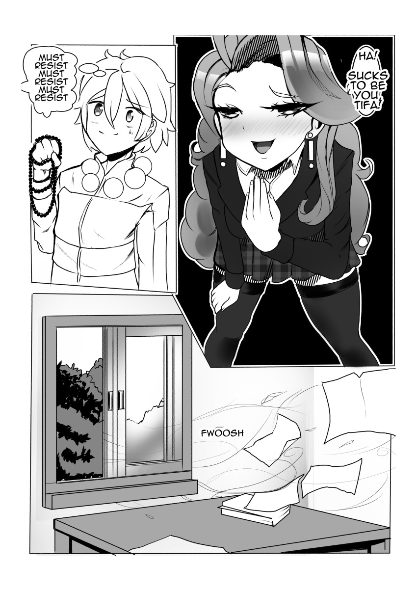 comic leaning_forward long_hair looking_at_viewer lugame monstralgam prayer_beads school_uniform smug smug_expression smug_eyes smug_face smug_grin smug_smile stacey_(lugame) wind window yuki_(lugame)