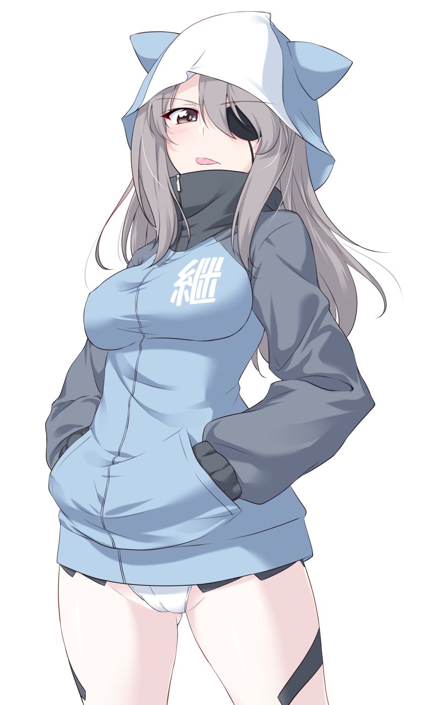 :p animal_hat black_jacket blue_jacket blush breasts brown_eyes eyebrows_visible_through_hair eyepatch female girls_und_panzer grey_hair hands_in_pockets hat high_resolution jacket kuzuryuu_kennosuke long_hair long_sleeves looking_at_viewer medium_breasts mika_(girls_und_panzer) pantsu simple_background solo standing thighs tongue tongue_out two-tone_jacket underwear very_high_resolution white_background white_panties white_underwear zipper