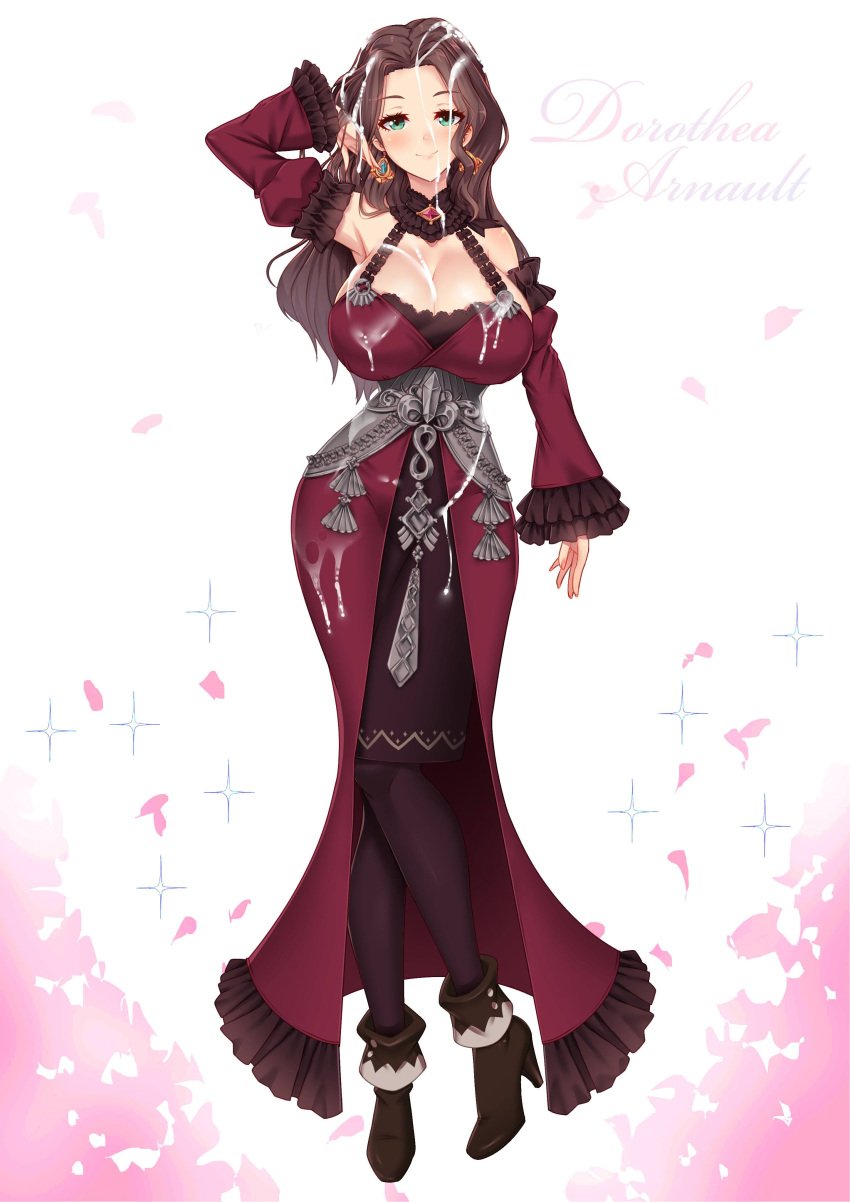 1girls brown_hair cleavage cum cum_on_body cum_on_breasts cum_on_face cum_on_hair cum_on_hand cum_on_leg cum_on_lower_body dorothea_arnault dress earrings fire_emblem fire_emblem:_three_houses green_eyes high_heels huge_breasts large_breasts long_hair looking_at_viewer nintendo post-timeskip smile solo thick_thighs virus-g wide_hips