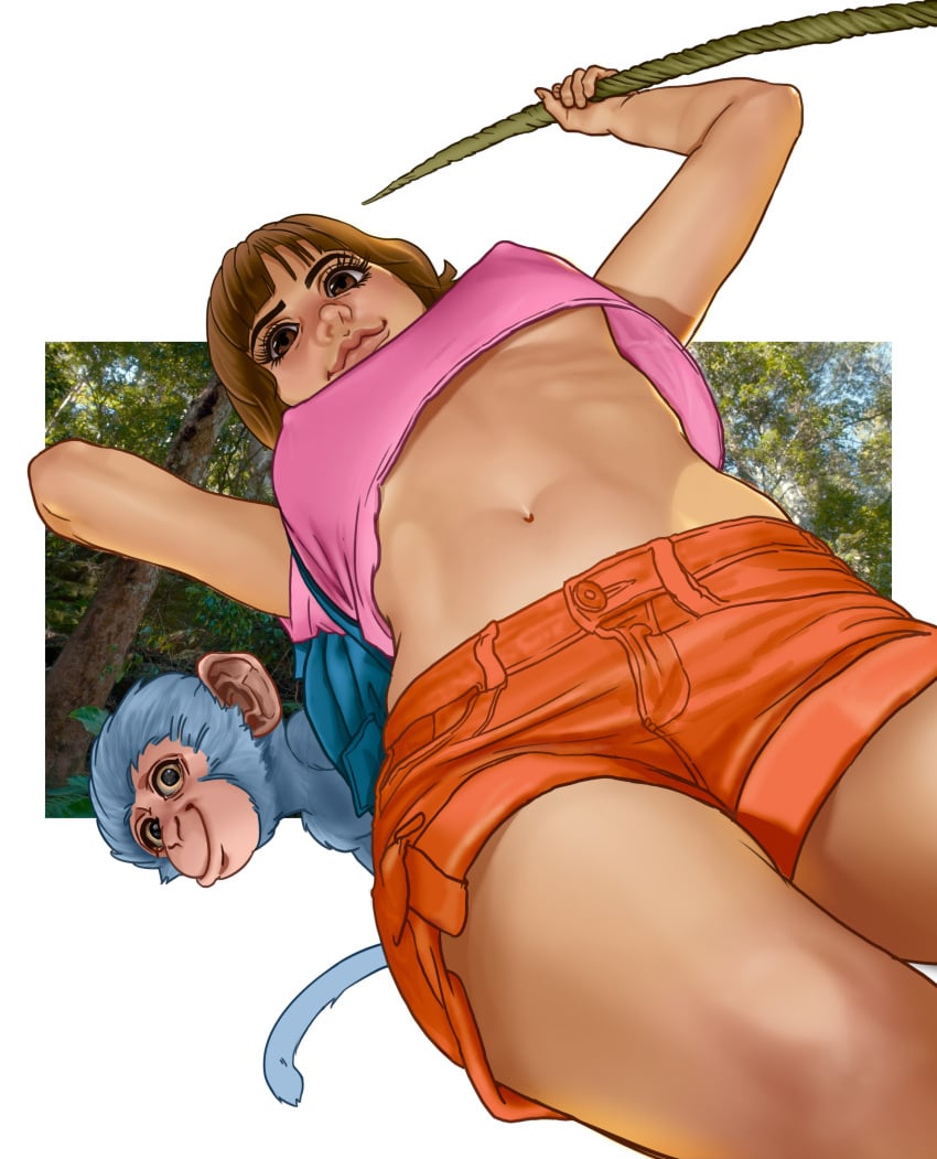 1girls alex_orange athletic athletic_female backpack bag bare_legs bare_midriff breasts brown_eyes brown_hair busty crop_top dark-skinned_female dark_skin dora_and_the_lost_city_of_gold dora_marquez dora_the_explorer erect_nipples female female_focus hourglass_figure isabela_merced latina medium_breasts nickelodeon nipple_bulge orange_shorts pinup pinup_pose pose posing ribbon short_hair short_shorts standing tagme underboob wide_hips