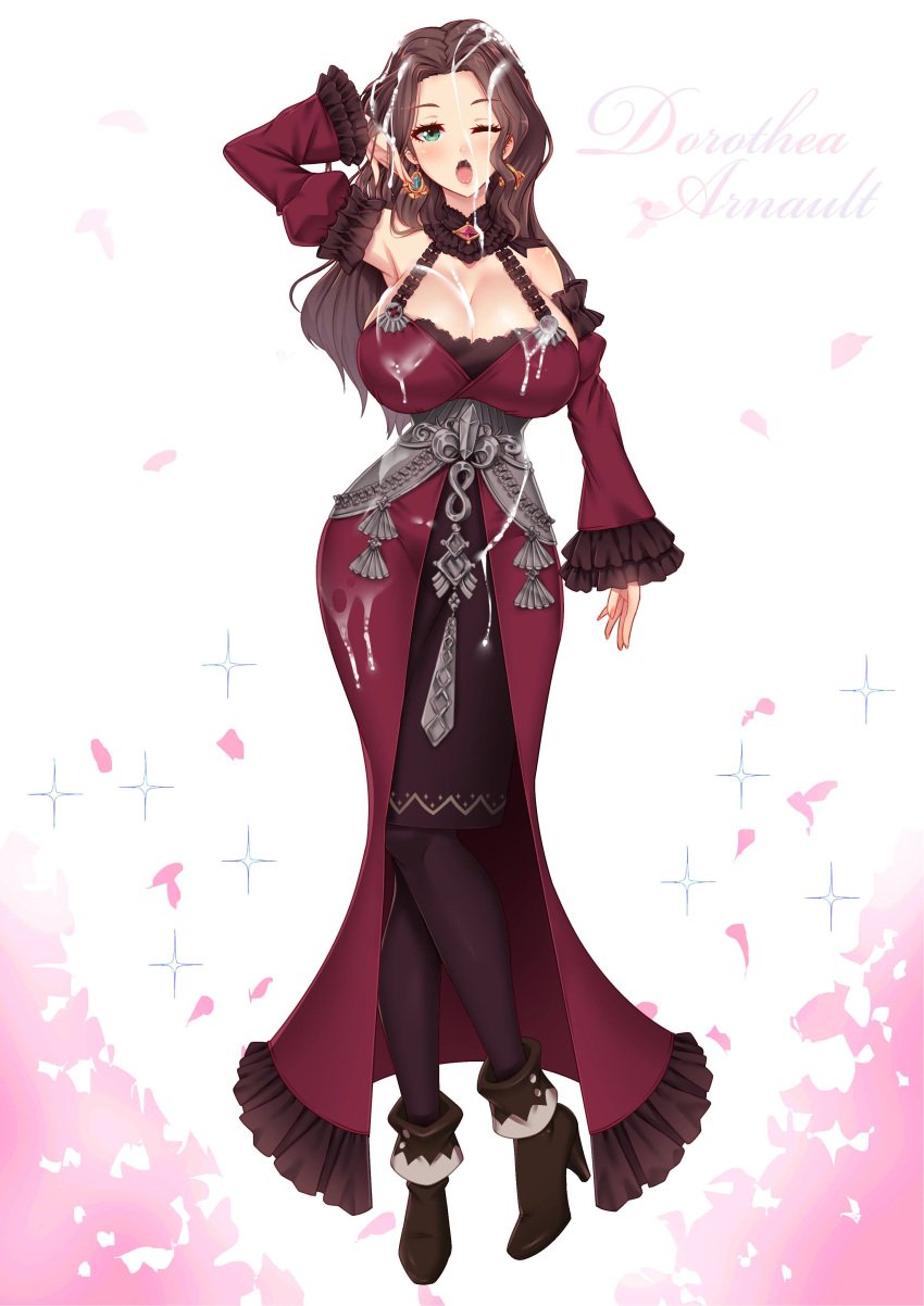 1girls brown_hair cleavage cum cum_on_body cum_on_breasts cum_on_face cum_on_hair cum_on_hand cum_on_leg cum_on_lower_body dorothea_arnault dress earrings fire_emblem fire_emblem:_three_houses gothic green_eyes high_heels huge_breasts large_breasts long_hair looking_at_viewer nintendo one_eye_closed open_mouth post-timeskip solo thick_thighs virus-g wide_hips wink